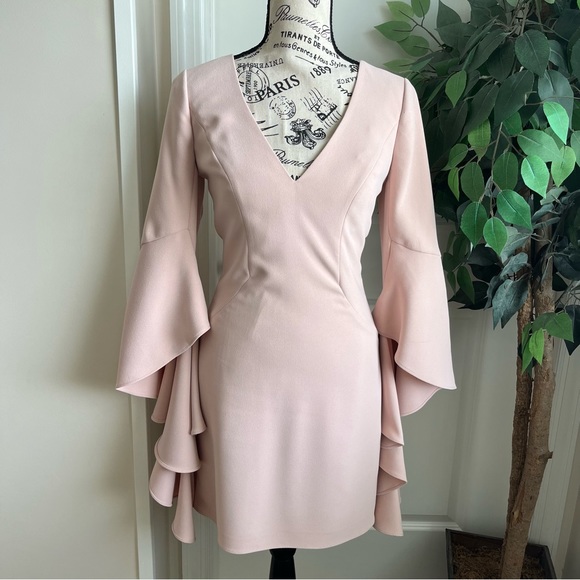 Halston Heritage V-Neck Flounce Sleeve Mini Cocktail Dress Pink Sz 0 - Picture 3 of 16